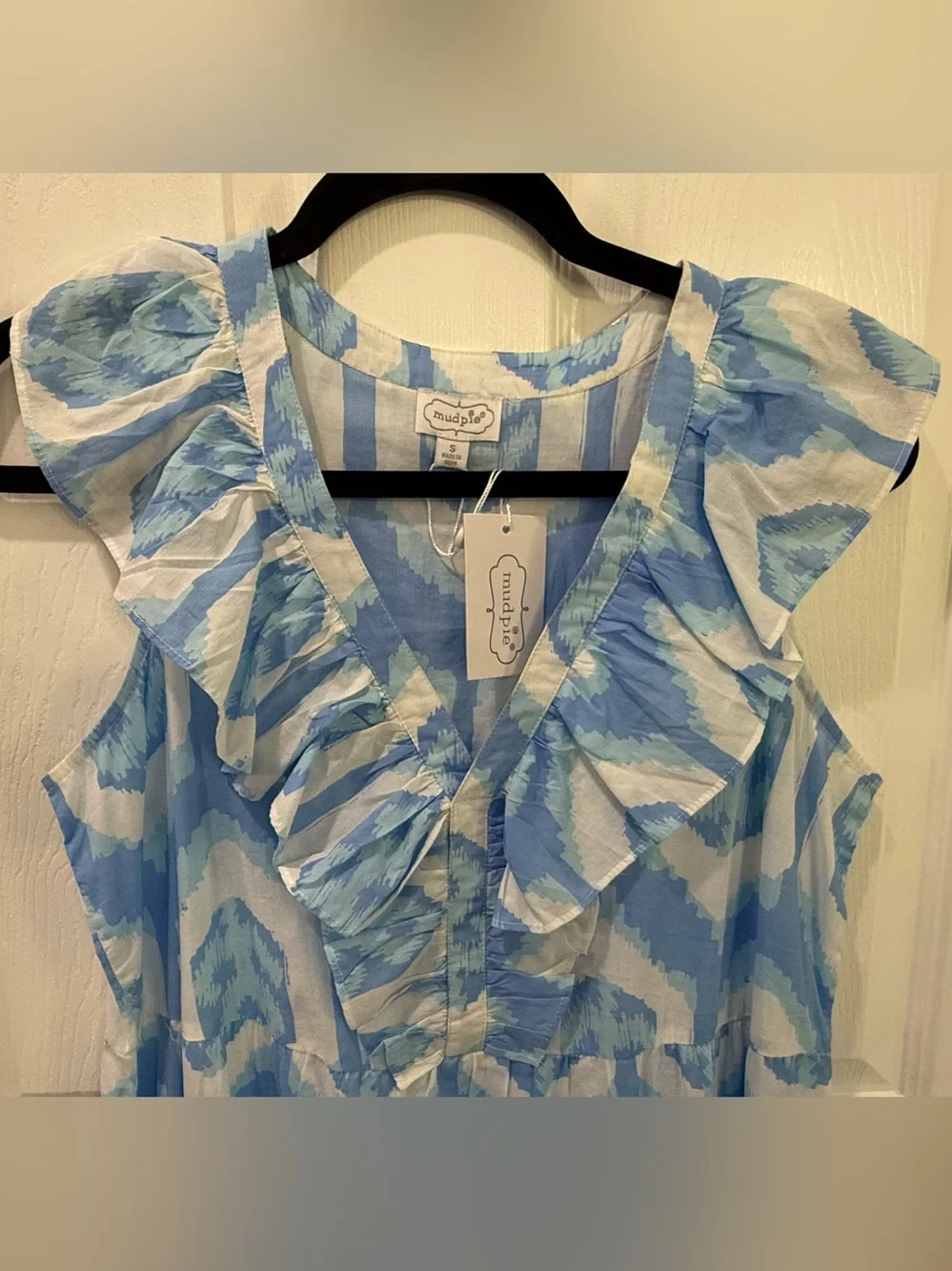 NWT Mud Pie Tanya Maxi Dress Small Blue White Floral Ikat Ruffle Tiered